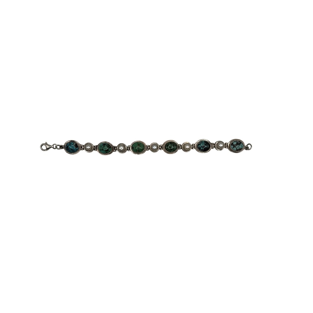 Southwestern Bracelet Womens Sterling Silver Turquoise Pearl Link